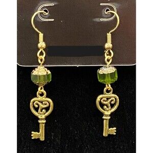 Handmade Key with Green & Gold Glass Bead Gold Tone Earrings by Neanie-Bot